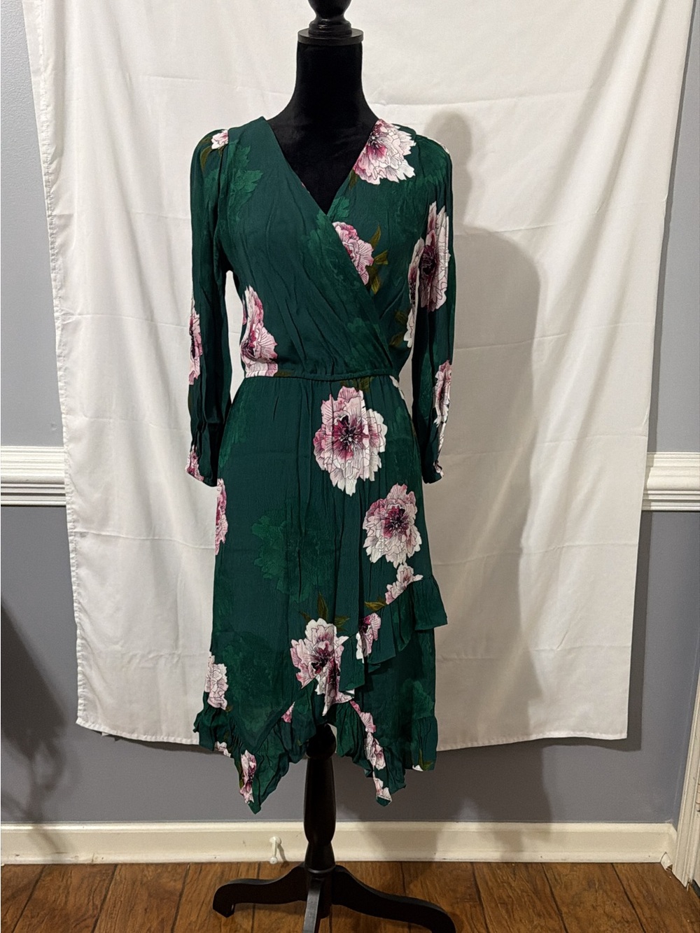 Tracy Reese Dark Green Midi Wrap Dress with Pink Floral Print